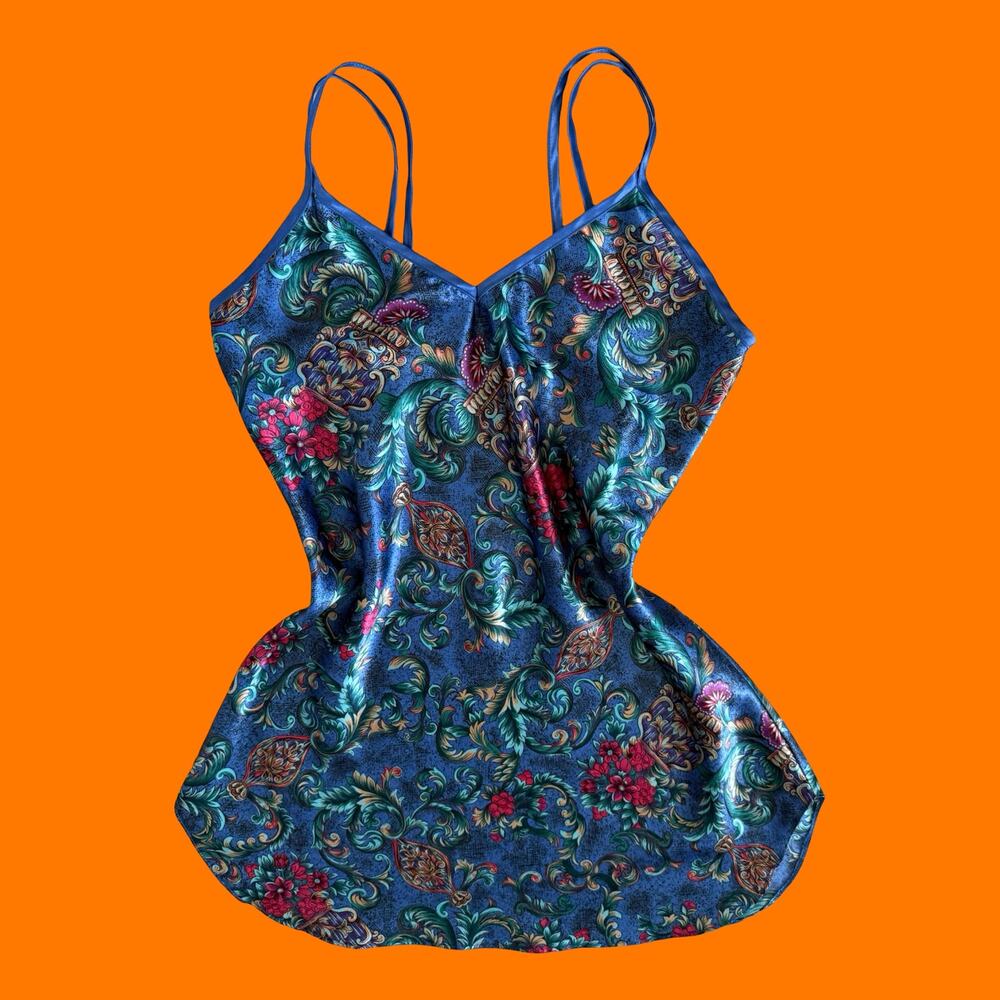 90's vintage blue satin paisley lingerie slip dress M/L Kathryn